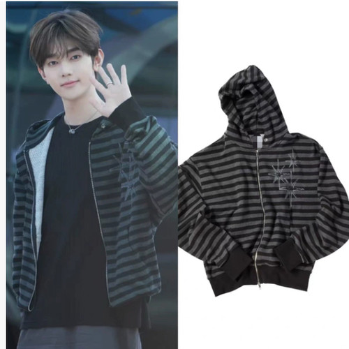 nct wish韩国riku前田陆同款untitled连帽拉链卫衣外套条纹