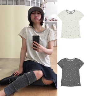 现 coyseio韩国新款星星满印拼色领口印花短款正肩短袖修身T恤ins