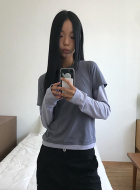 25秋 THE COLDEST MOMENT 假两件条纹拼接短上衣套头休闲长袖T恤