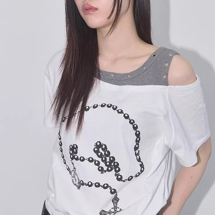 FANCY CLUB25春夏新款字母印花短袖T恤女宽松圆领套头打底衫上衣