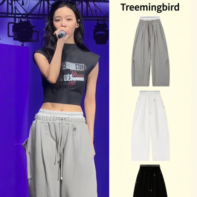 韩国潮牌Treemingbird卫裤金玟庭黄礼志aespa同款假两件腰头裤子