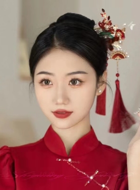 新款红色绒花流苏新中式秀禾头饰新娘民族风步摇汉服婚嫁礼服发饰