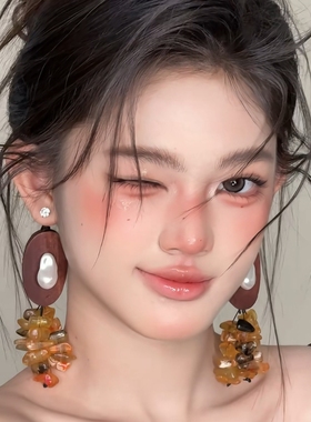 新娘银针咖色系流苏耳环高级感耳钉珍珠水晶美拉德耳饰婚纱耳饰