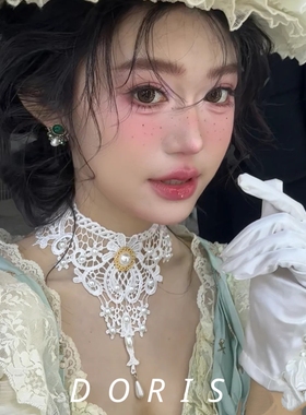 复古宫廷风珍珠颈带纯欲风白色蕾丝花朵流苏项链甜美洛丽塔锁骨链