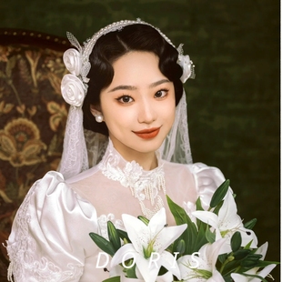 新款新娘法式重工复古蕾丝民国风头纱帽气质结婚头饰旅拍发饰