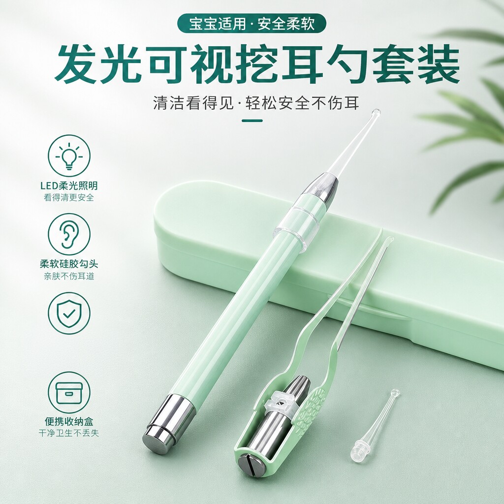 儿童硅胶带灯可视耳勺镊子套装