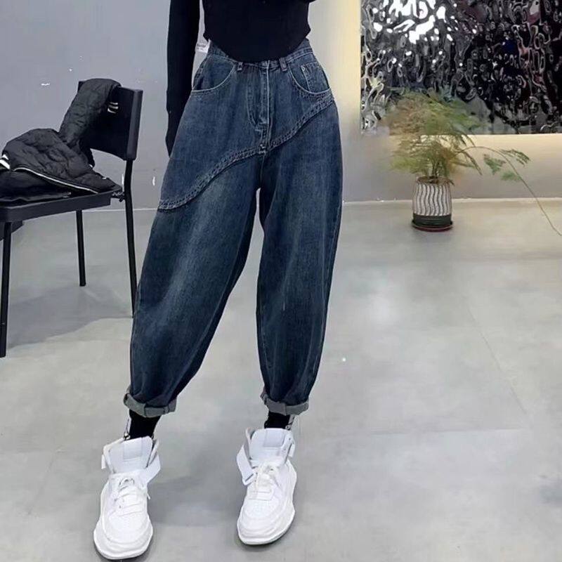 胖mm大码300斤韩版高腰阔腿牛仔裤女秋季小个子显瘦哈伦老爹裤ins