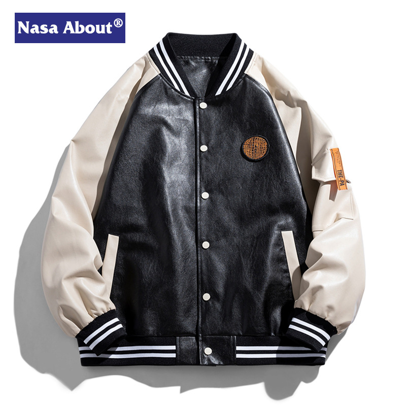 NASA联名美式复古机车皮衣男棒球服外套春秋新款飞行员机能夹克衫