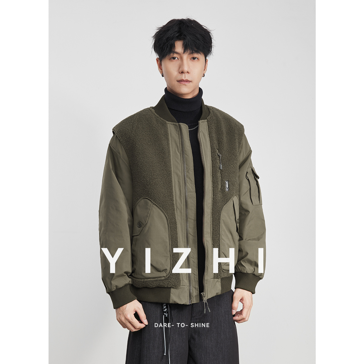 亦止冬季颗粒绒拼接假两件棉衣外套男新款机能工装飞行员夹克棉服