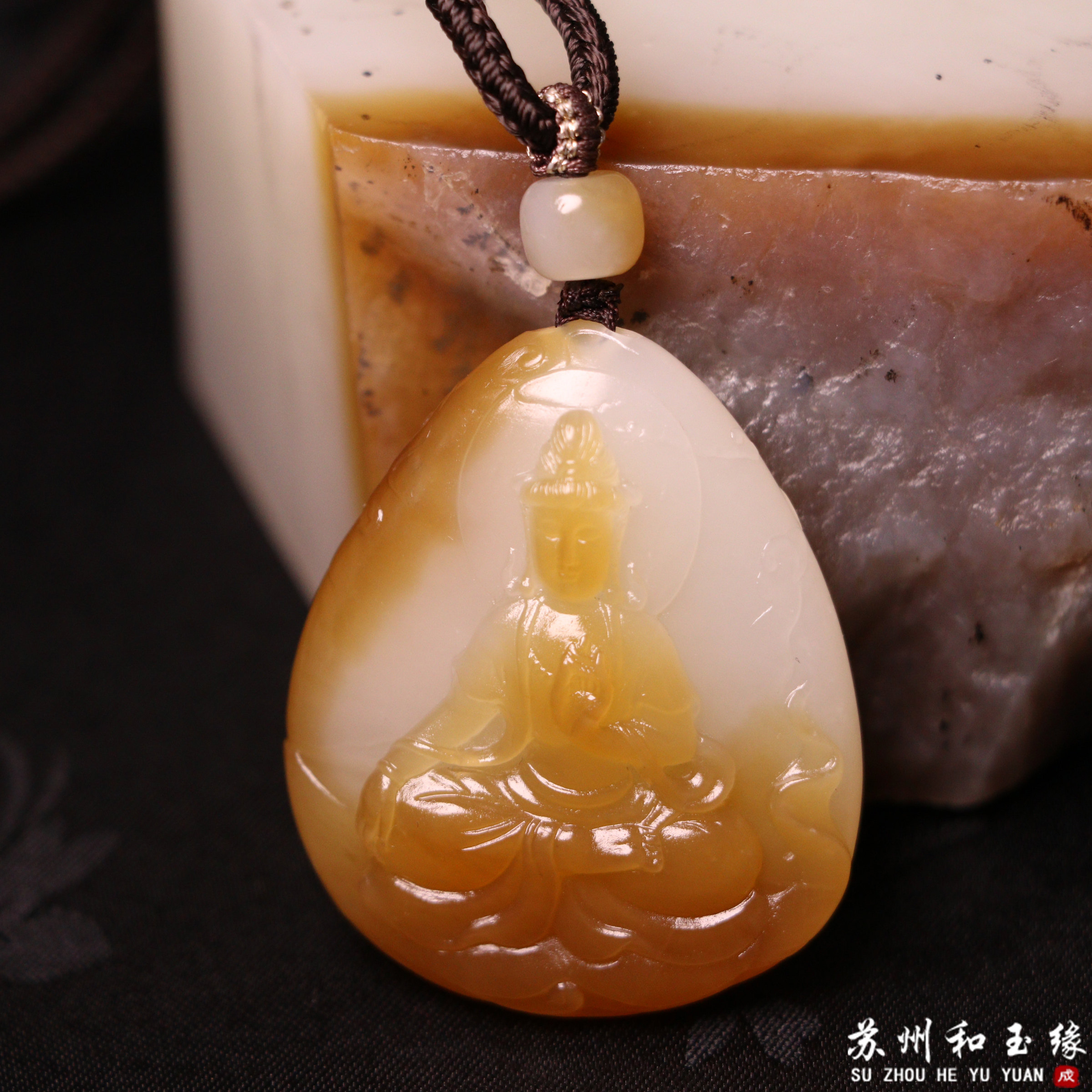苏州和玉缘30.5克新疆和田玉且末金山糖白观音玉石挂件苏工工艺
