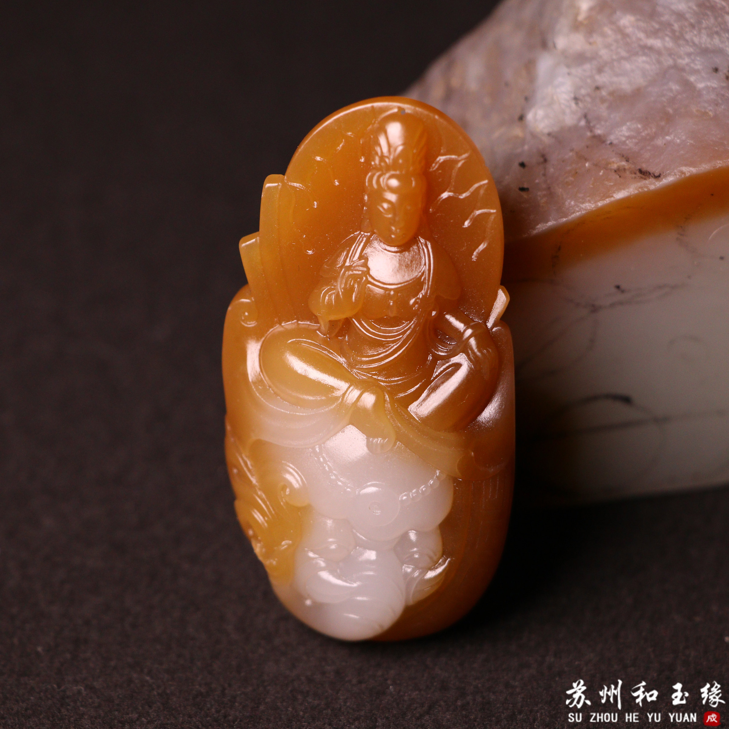 苏州和玉缘37.2克新疆和田玉且末金山糖白普贤玉石挂件苏工工艺