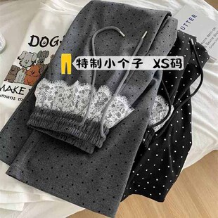 抽绳小个子蕾丝设计感裤 夏显瘦150腿波点休闲九分 阔拼接高腰145裤