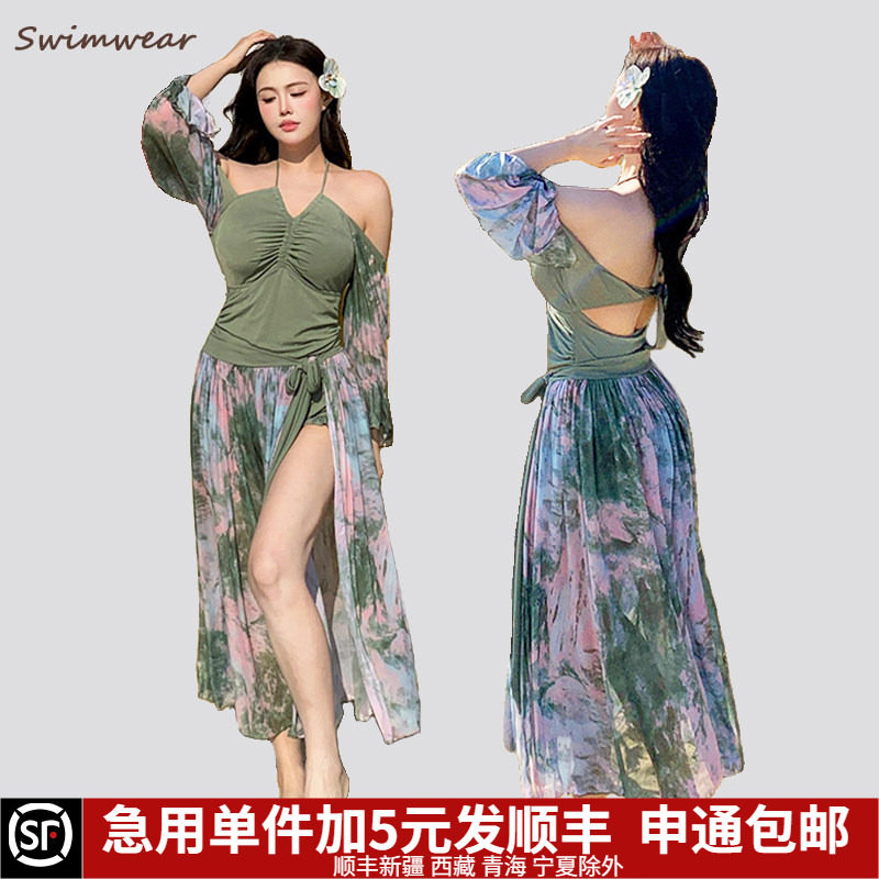 波西米亚度假防晒泳衣女款泡温泉高级感2025新款大码胖mm长裙显瘦