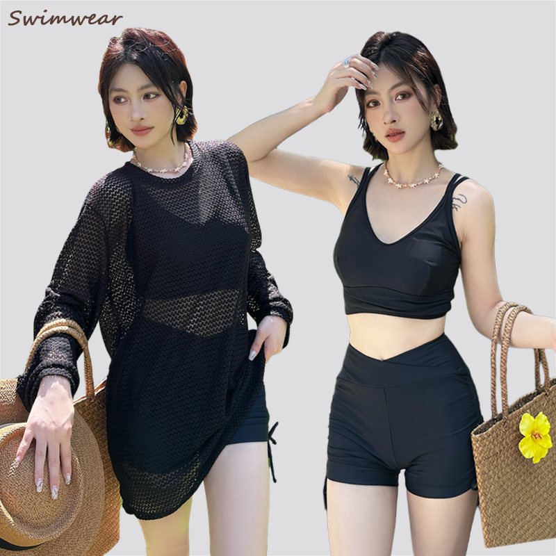 黑色保守泳衣女分体显瘦三件套大码胖mm比基尼沙滩度假泡温泉遮肉
