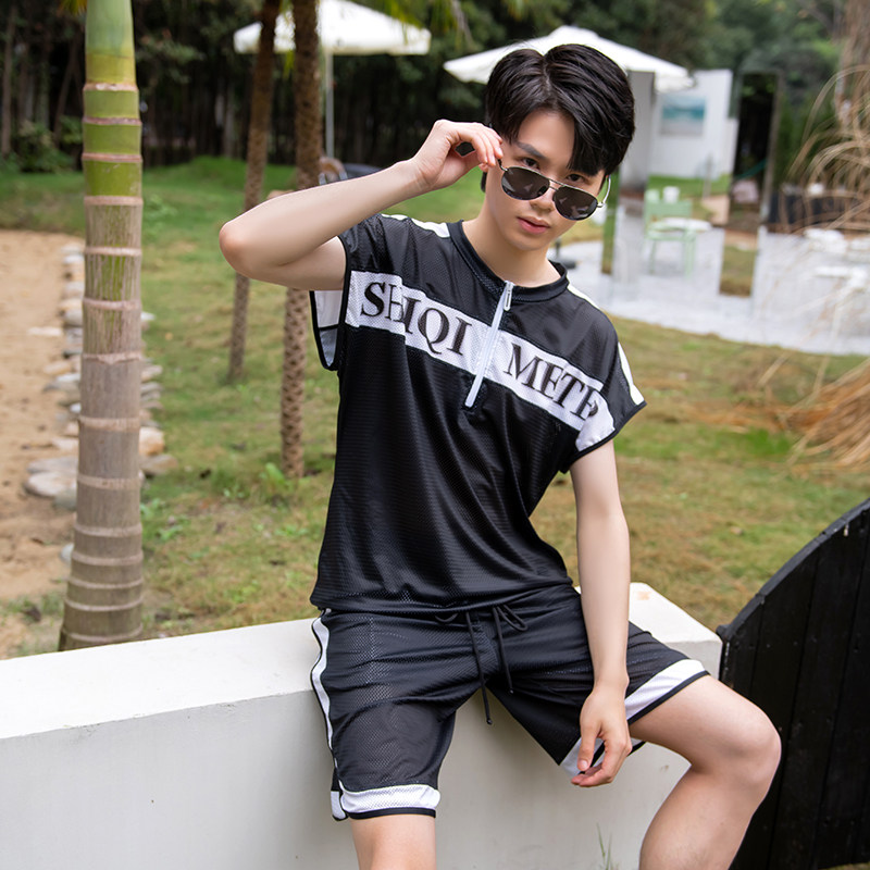 男士沙滩泳衣套装宽松沙滩裤泡温泉拉链罩衫游泳衣男士大码五分裤