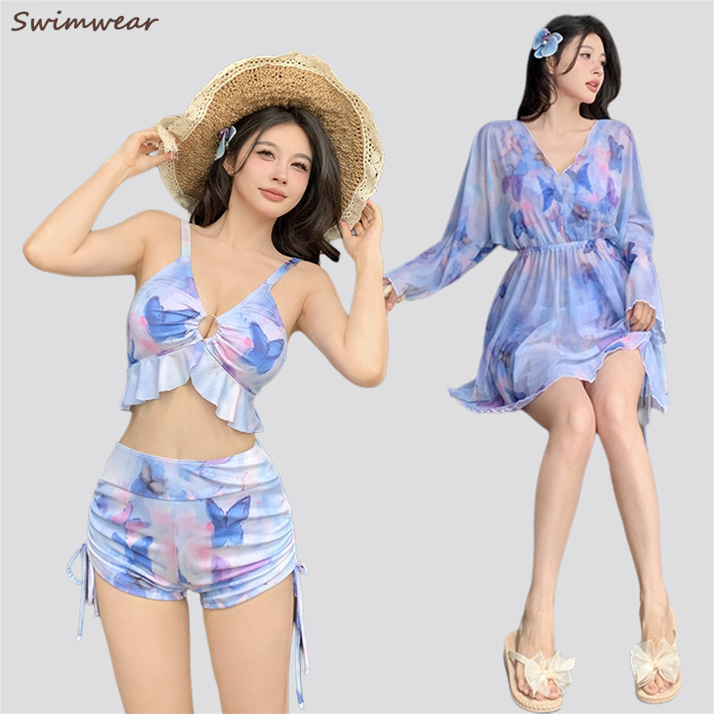 长袖泡温泉保守分体比基尼成人泳衣女新款三件套大码胖mm遮肚显瘦