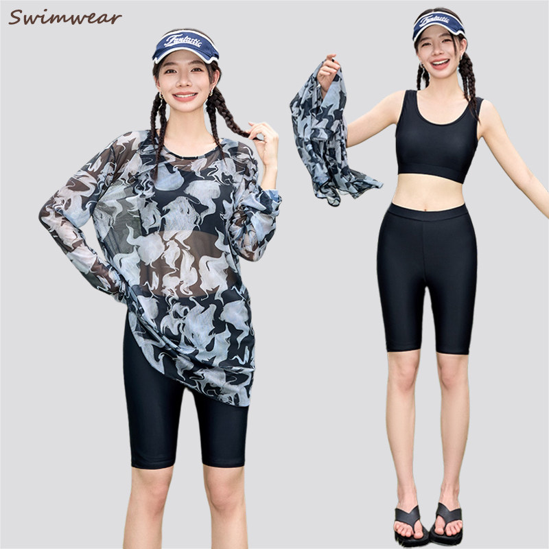 新款女泳衣分体三件套五分裤保守长袖罩衫遮肚显瘦大码胖mm泡温泉