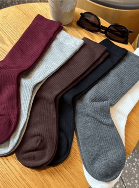 3双秋韩款净版竖条纹百搭无骨白色袜纯棉外穿长筒月子袜中筒袜女