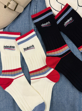 早秋欧货潮流时尚简约字母刺绣条纹红蓝拼色白色中筒堆堆袜女网红