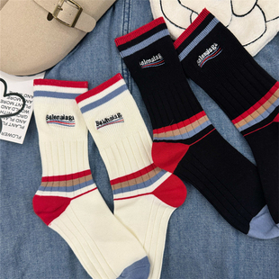 早秋欧货潮流时尚 简约字母刺绣条纹红蓝拼色白色中筒堆堆袜女网红