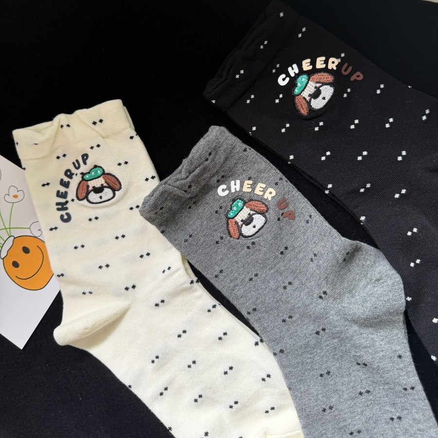 夏日刺绣波点小狗可爱卡通中筒袜