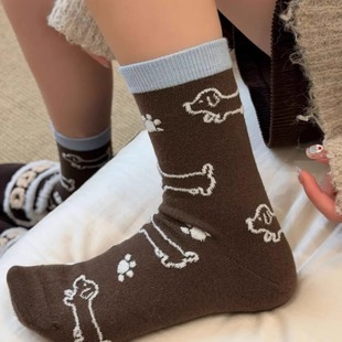 秋冬蓝咖色小狗设计条纹波点刺绣卡通外穿ins风美拉德色系中筒袜