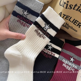 秋欧货设计星星条纹美式 复古外穿ins风学院风高腰搭配字母中筒袜