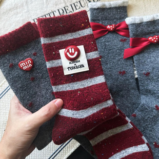 秋冬安可拉红圣诞配色灰色蝴蝶结笑脸条纹羊毛加厚外穿中筒袜女袜