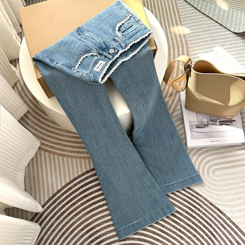 丝拼接微喇牛仔裤女长裤2025春夏
