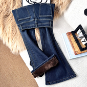 女冬保暖显瘦显腿长小个子喇叭裤 过冬必入 特厚羊羔绒微喇牛仔裤