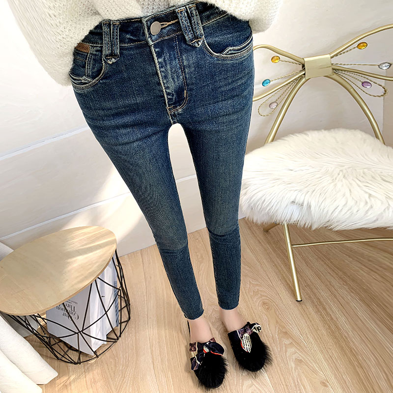 深蓝色弹力紧身牛仔裤小脚裤秋冬