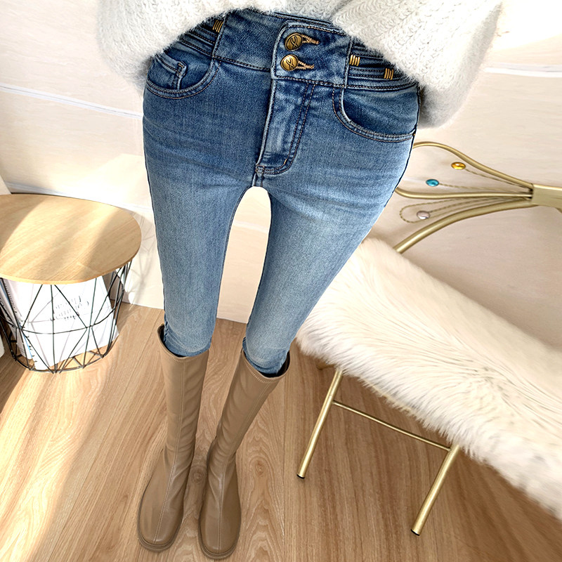 高腰排扣收腹提臀薄绒小脚裤冬季