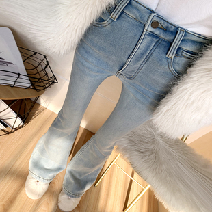 超模腿！洋气浅蓝色加厚绒微喇牛仔裤女高腰显瘦百搭喇叭裤子潮冬