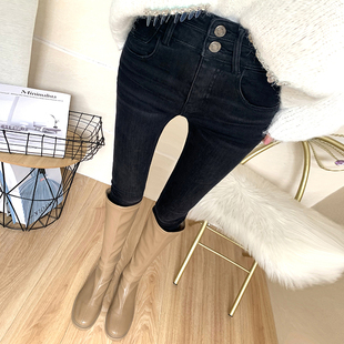 洋气巨显瘦黑灰色高腰收腹提臀牛仔裤 女加厚薄绒弹力紧身小脚靴裤