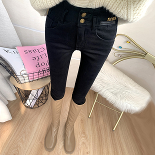 加绒加厚小脚裤 巨显瘦 新款 女2023冬季 纯黑色百搭高腰收腹牛仔裤