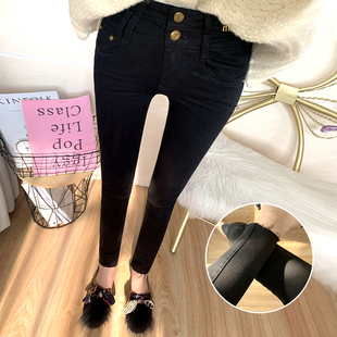 春 女九分百搭弹力紧身小脚裤 巨显瘦 纯黑色高腰双排扣收腹牛仔裤