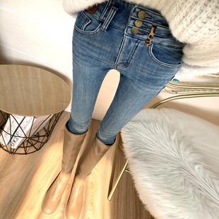 女高腰排扣收腹铅笔裤 过冬必入 蓝色加厚羊羔绒巨显瘦小脚牛仔裤