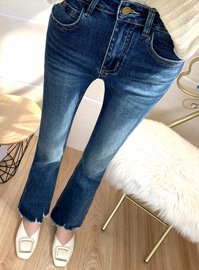 王炸神裤！深蓝色高腰巨显瘦微喇牛仔裤女时尚毛边不规则喇叭裤潮