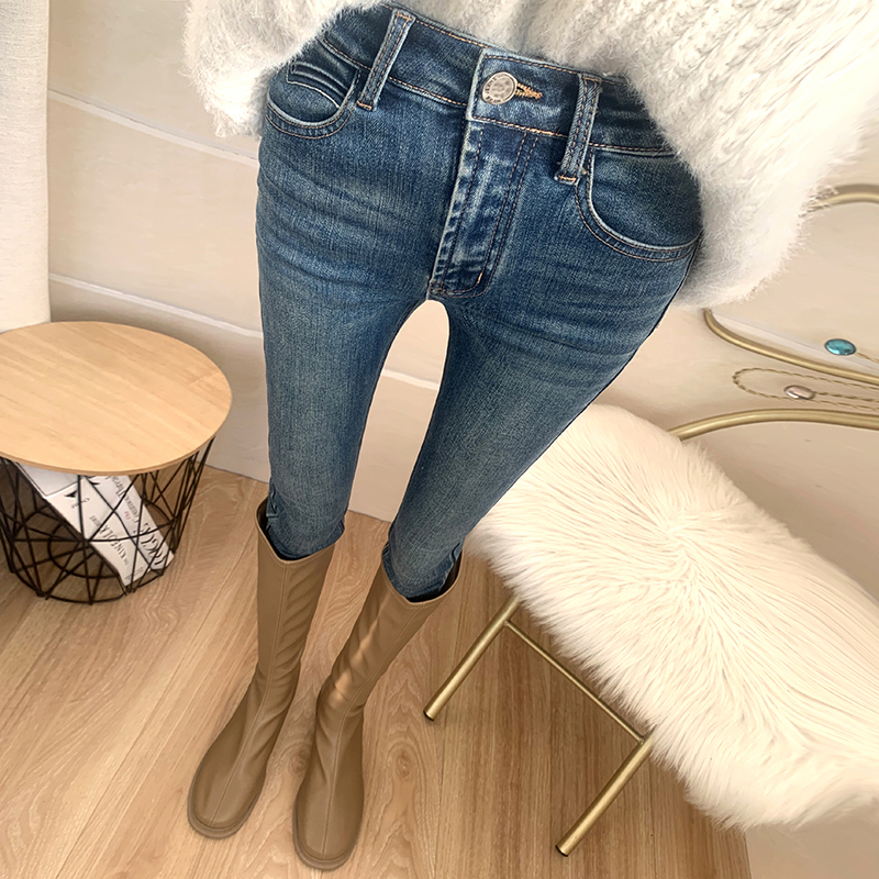 高品质!巨显瘦蓝色加厚薄绒牛仔裤女洋气紧身提臀保暖小脚裤潮冬