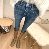 女洋气紧身提臀保暖小脚裤 高品质 巨显瘦蓝色加厚薄绒牛仔裤 潮冬