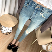 女小个子八九分显瘦提臀小脚裤 好品质 特显瘦弹力紧身破洞牛仔裤