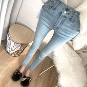 浅蓝色时尚 秋 铅笔裤 高腰双排扣九分牛仔裤 女韩国东大门洋气小脚裤