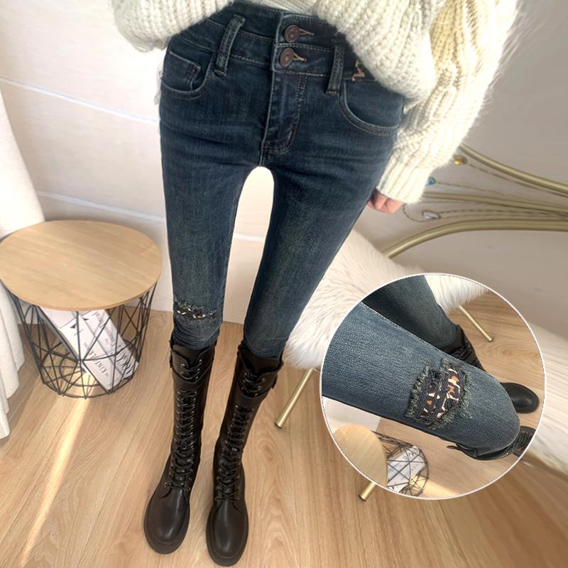 复古蓝灰色高腰破洞牛仔裤女2024秋冬加厚薄绒保暖显瘦小脚裤靴裤