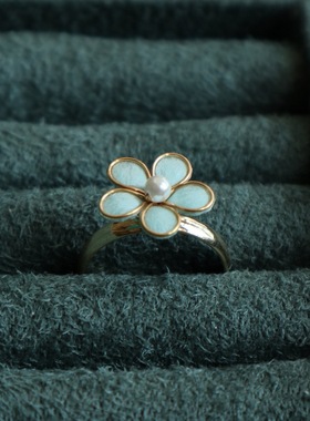 小众非遗精致绒花戒指蓝色小花显白活口手饰简约百搭送礼戒指女