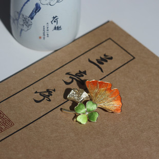 非遗绒花银杏叶胸针西装配饰品优雅饰品精品复古气质新中式别针女