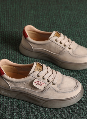 2025头层牛皮复古软底板鞋休闲百搭透气软底时尚女鞋一脚蹬