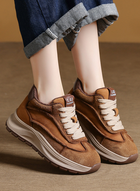 2025新款头层牛皮厚底女鞋复古手工休闲阿甘鞋老爹鞋厚底加绒鞋子