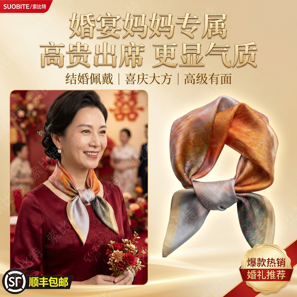 喜妈妈结婚红色真丝丝巾系脖婚礼宴女配礼服妈妈款方巾桑蚕丝围巾