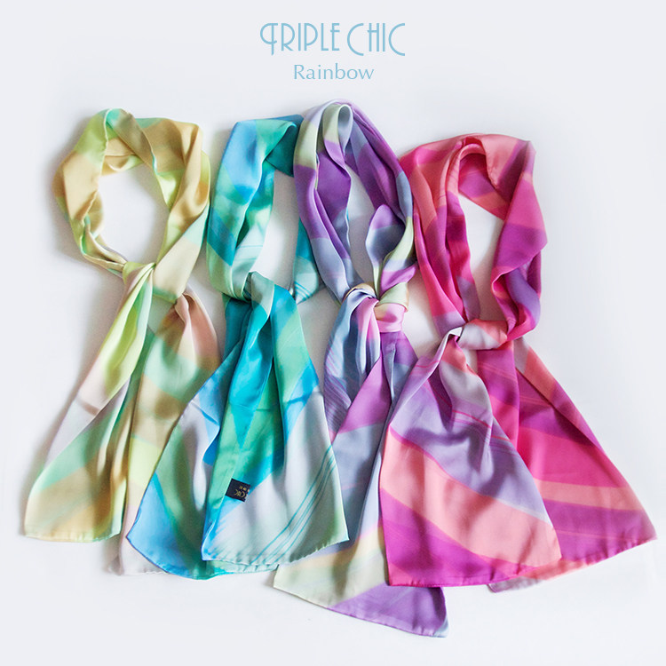 优雅博物馆原创长丝巾 女士长款百搭秋冬围巾ins发带彩虹印花