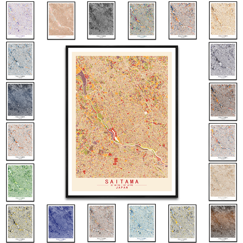 日本埼玉艺术抽象城市彩色色块地图装饰画现代餐厅房间办公室挂画